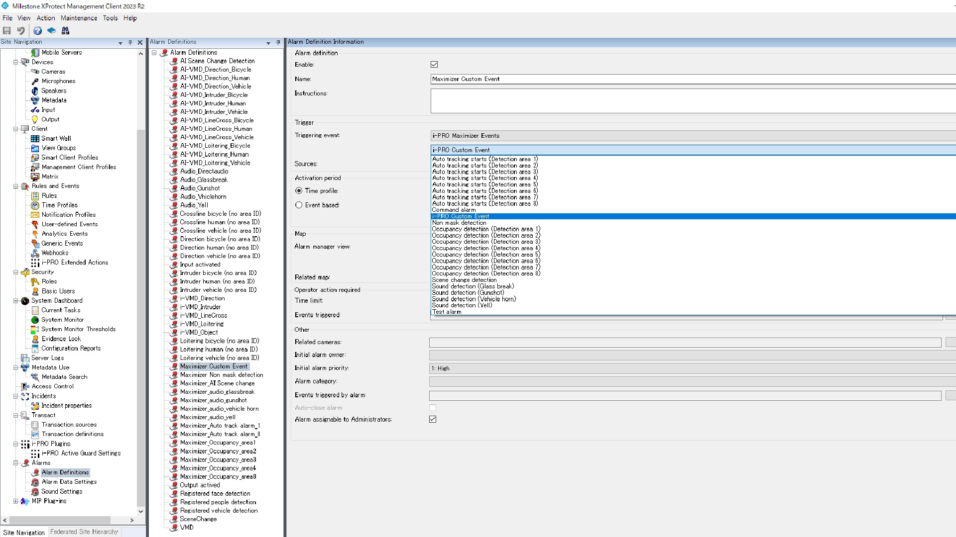 Add addtional funtionality from i-PRO cameras for XProtect Alarms, not standard without Maximizer.